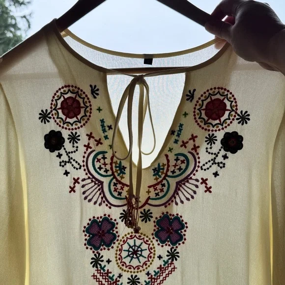 Boho Embroidered Peasant Dress Cream Fringe Festival Tunic Midi S - Picture 12 of 14